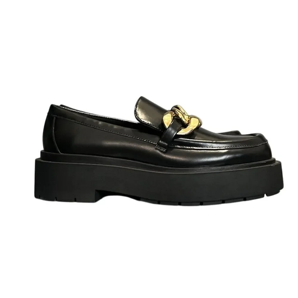 H&M Women's Black Faux Leather Platform Loafers 9 Chunky Gold Chain Gothic Party